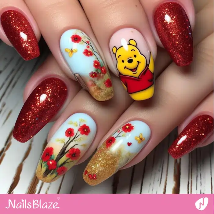 Winnie the Pooh with Red Flowers Nail Design | Cartoon Nails - NB1703